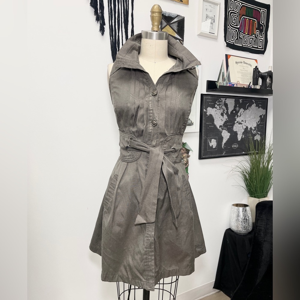 Olive gray military chic button sleeveless dress with funnel neck and corset